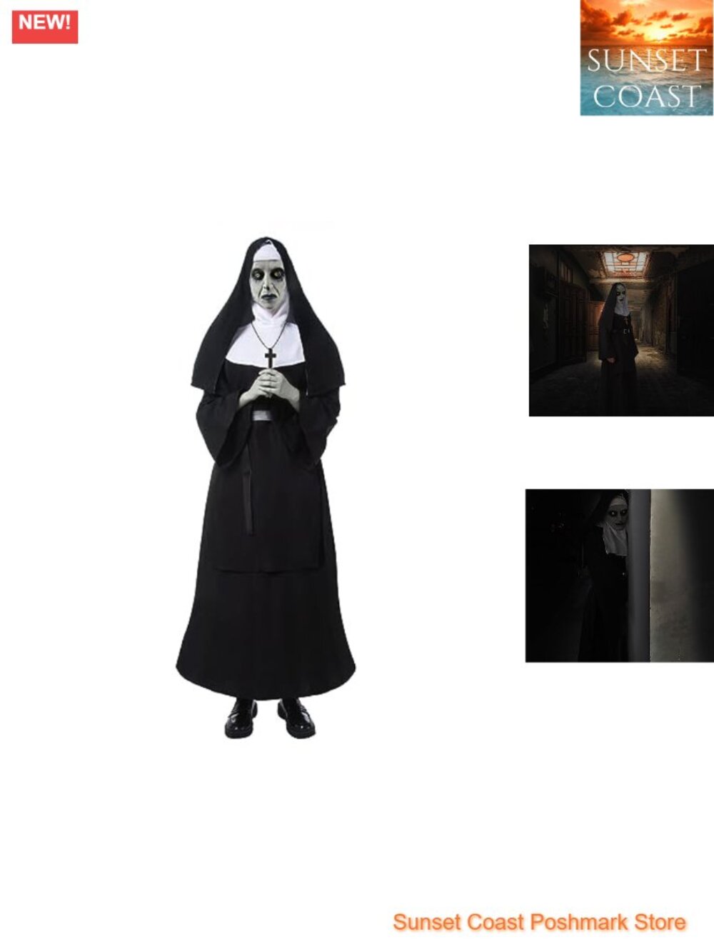 Scary Nun Costume Set with Mask Robe Headpiece Belt Cross Necklaces